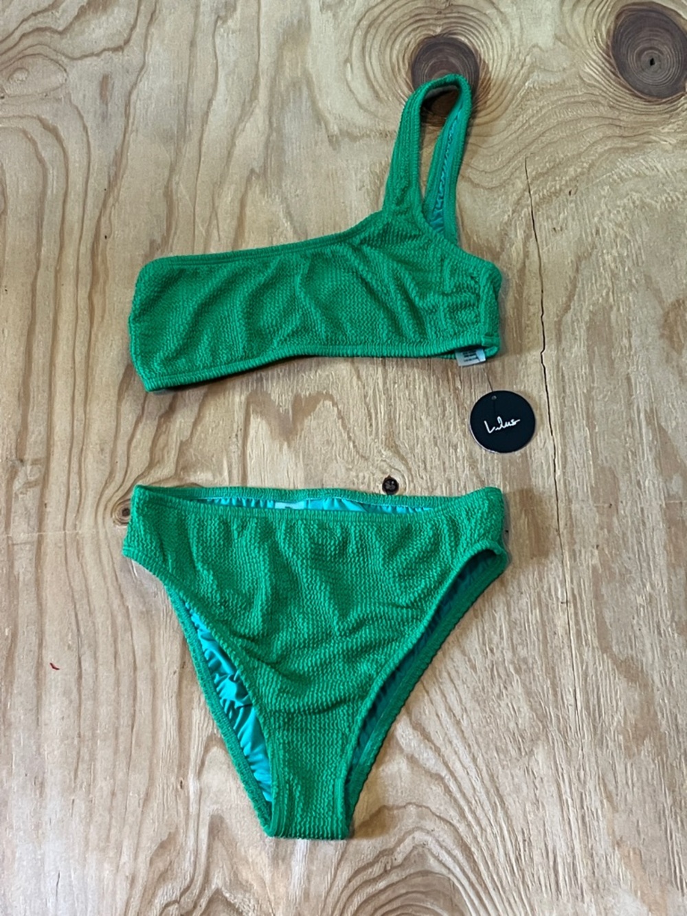Lulus Green One-Shoulder Textured Bikini Set